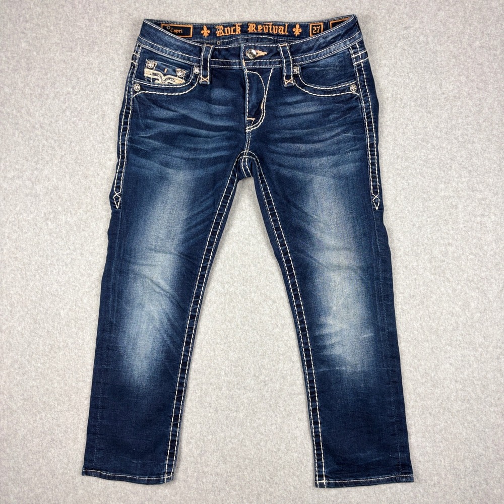 Rock Revival Iselin Capri Jeans Womens 27 Dark Wash Fleur De Lis Flap Pocket Low